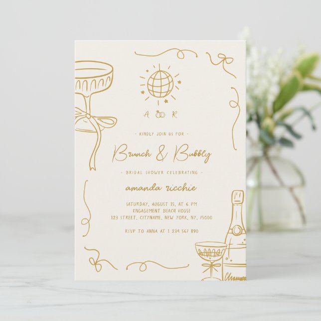 French Hand Drawn Brunch & Bubbly Bridal Shower Invitation (Standing Front)