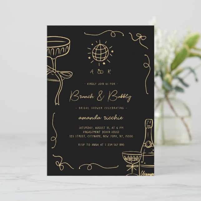 French Hand Drawn Brunch & Bubbly Bridal Shower Invitation (Standing Front)