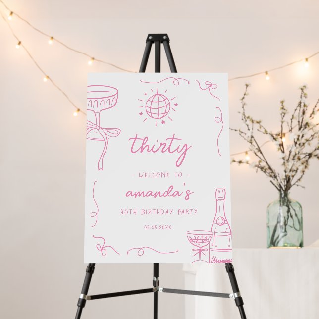 French Hand Drawn Disco 30th Birthday Party Sign (In Situ (Stand))