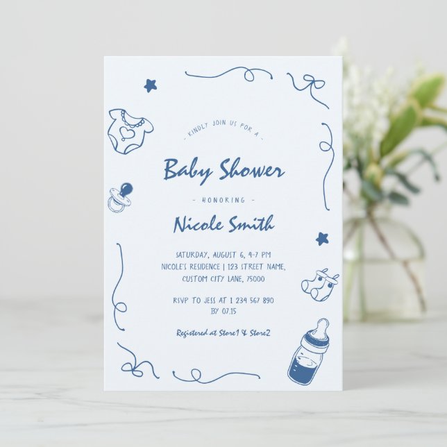 French Hand Drawn Doodle Fun Scribble Baby Shower Invitation (Standing Front)