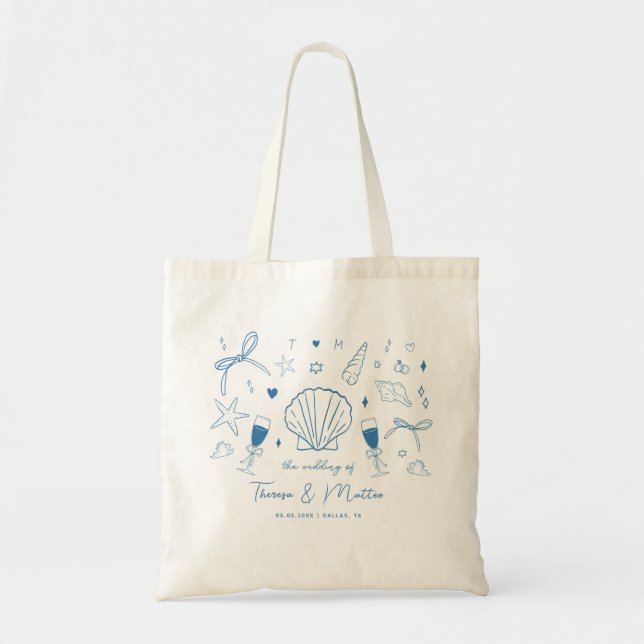 French Hand Drawn Nautical Coastal Wedding Favor Tote Bag (Front)