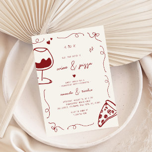 French Hand Drawn Wine & Pizza Engagement Party Invitation