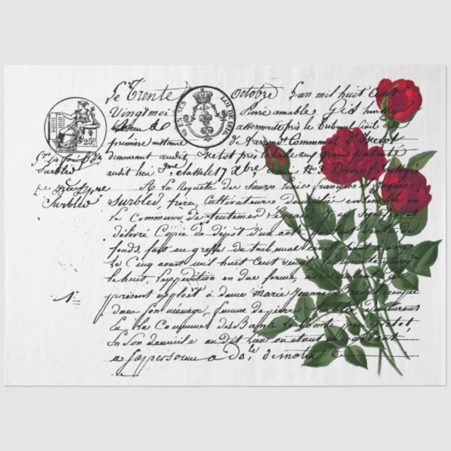 French Handwriting and Red Rose Series Design 17 Tissue Paper (Front)