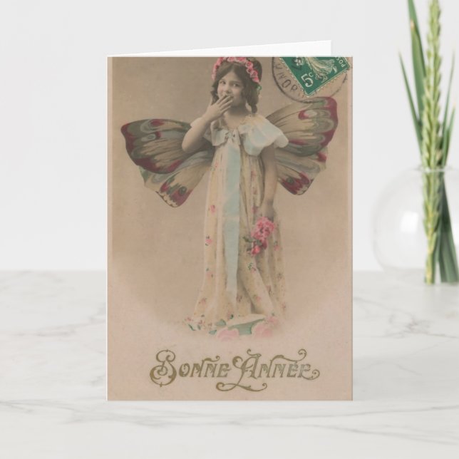 French Happy New Year Fairy Girl Vintage Holiday Card (Front)