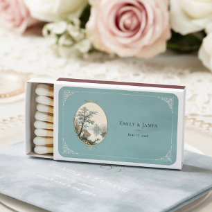French Heron Dusty Blue Velvet Wedding Matchboxes