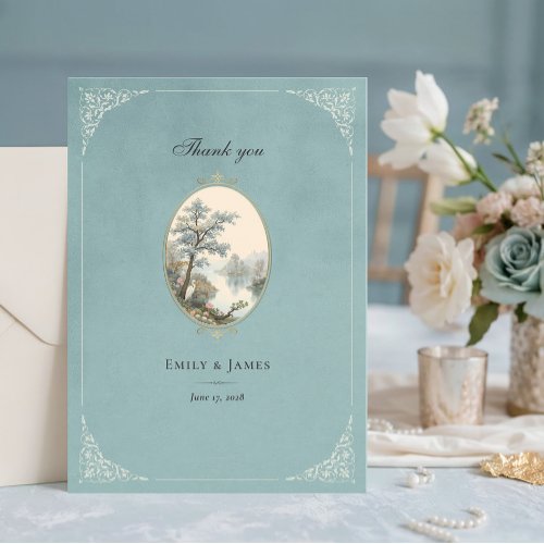 French Heron Dusty Blue Wedding Thank You Card