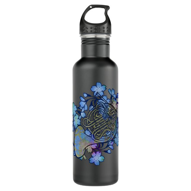 French Horn Art Band Class Music Blue Flowers Stainless Steel Water Bottle (Front)