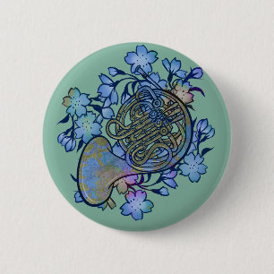 French Horn Blue Flowers Band Class Button