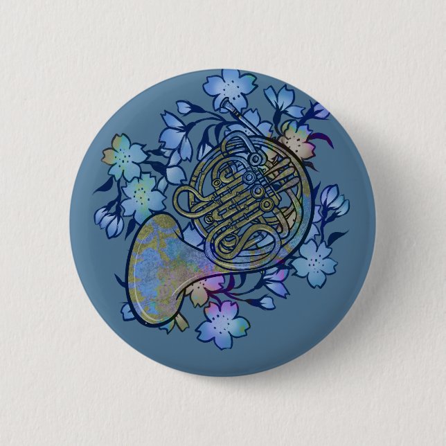 French Horn Blue Flowers Band Class                Button (Front)