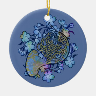 French Horn Blue Flowers Band Class                Ceramic Ornament