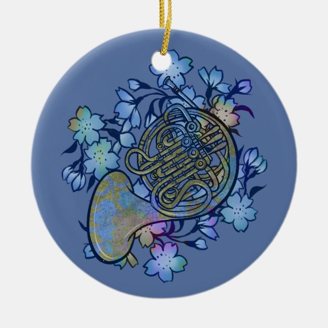 French Horn Blue Flowers Band Class                Ceramic Ornament (Front)
