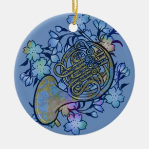 French Horn Blue Flowers Band Class                Ceramic Ornament