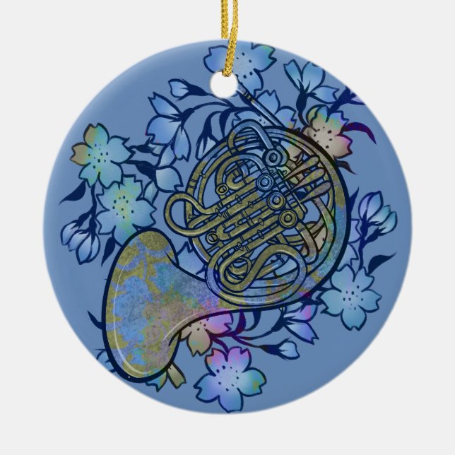 French Horn Blue Flowers Band Class                Ceramic Ornament (Front)