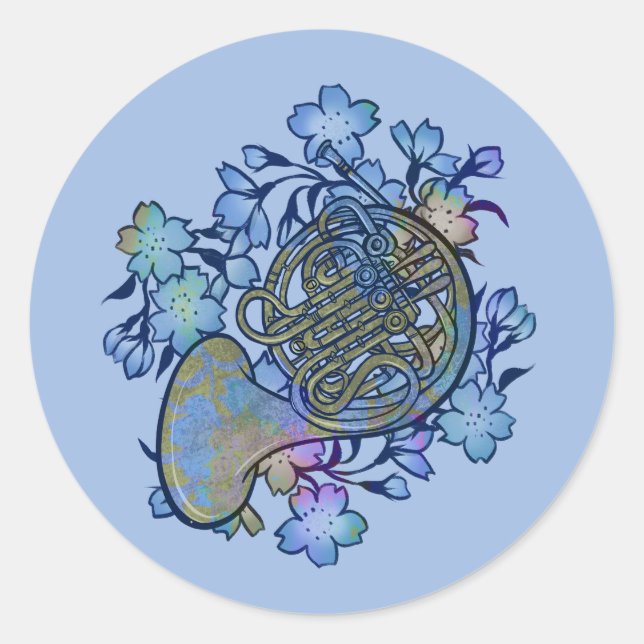 French Horn Blue Flowers Band Class                Classic Round Sticker (Front)