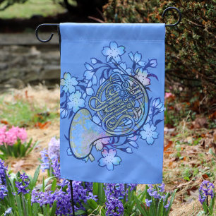 French Horn Blue Flowers Band Class                Garden Flag
