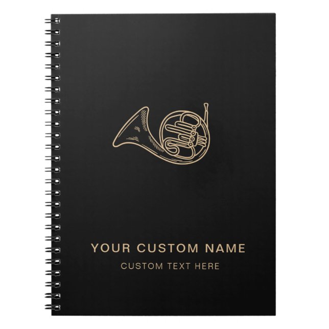 French Horn Brass Music Teacher Black Name Modern Notebook (Front)