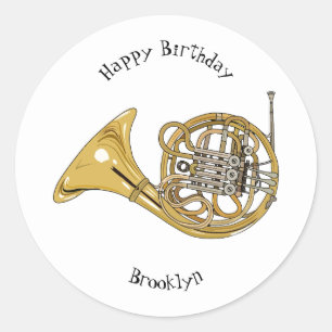 French horn cartoon illustration classic round sticker