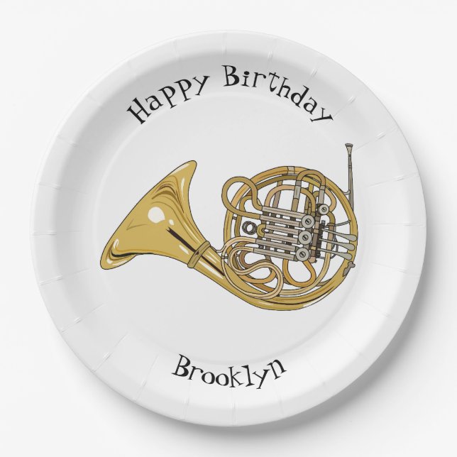 French horn cartoon illustration paper plates (Front)