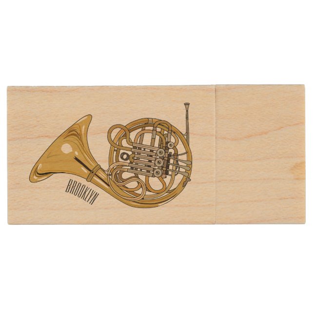 French horn cartoon illustration  wood flash drive (Front)