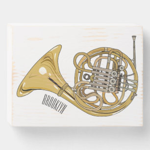 French horn cartoon illustration wooden box sign