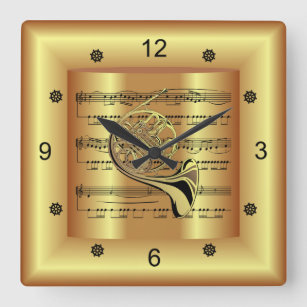 French Horn~Curved Sheet Music~Gold Background~  Square Wall Clock