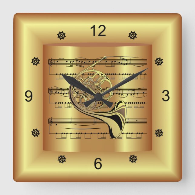 French Horn~Curved Sheet Music~Gold Background~  Square Wall Clock (Front)