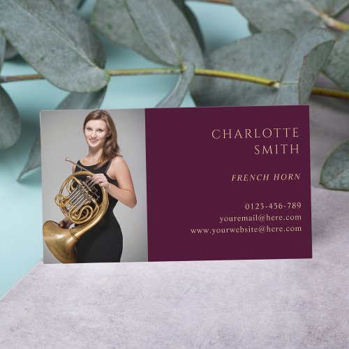 French Horn Custom Photo Burgundy Elegant  Business Card