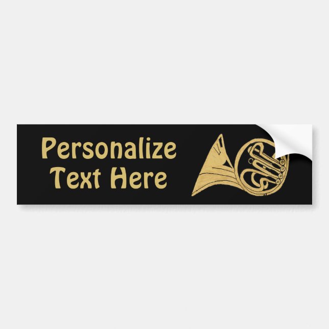 French Horn Drawing on Black Customizable Text Bumper Sticker (Front)
