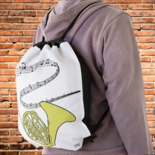 French Horn Drawing Swirled Music Staff & Initials Drawstring Bag