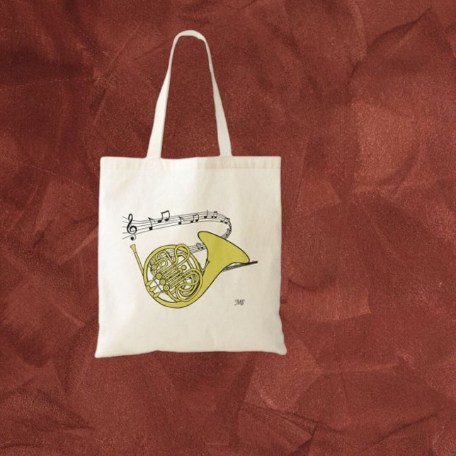 French Horn Drawing Swirled Music Staff | Initials Tote Bag (Creator Uploaded)