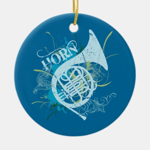 French Horn Grunge Blue Christmas Tree Gift Ceramic Ornament