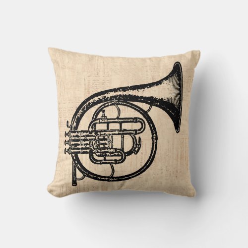 French Horn Illustrated Art Throw Pillow