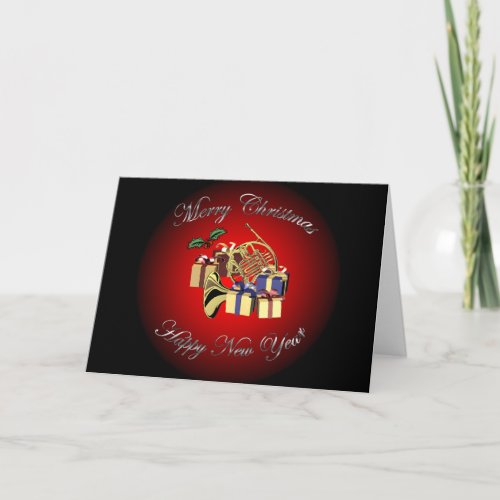 French Horn  Merry Christmas  Happy New Year Holiday Card