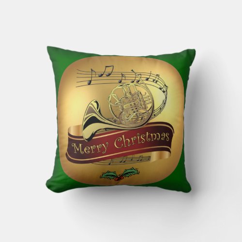 French Horn  Merry Christmas  Musical Scroll   Throw Pillow