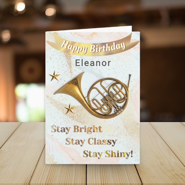 French Horn Music Lover's Personalized Birthday Card (A birthday card with picture of a French horn, Happy Birthday banner and uplifting words)