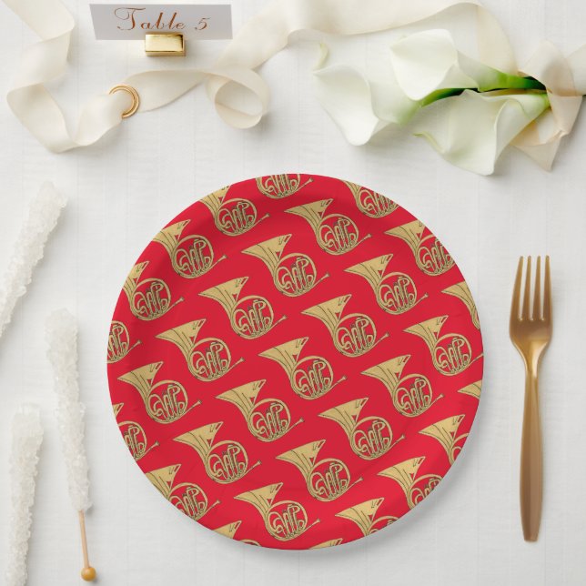 French Horn Musical Instrument Drawing on Red Paper Plates (Wedding)