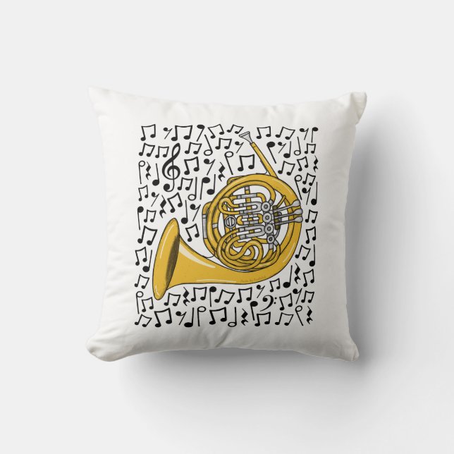 French Horn Musical Notes Brass Music Teacher Throw Pillow (Front)