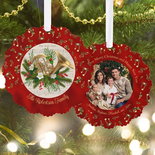 French Horn Musical Red Christmas Photo
