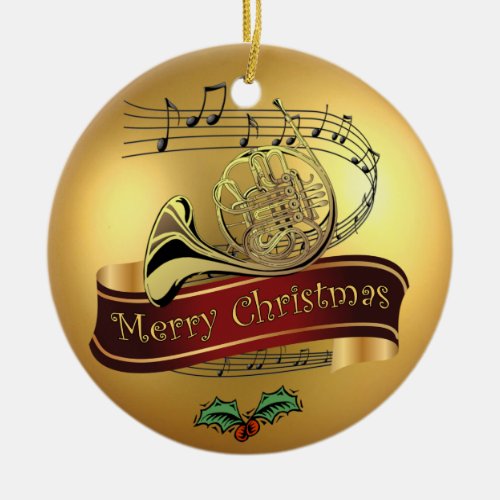 French HornMusical Scroll Gold Merry Christmas  Ceramic Ornament