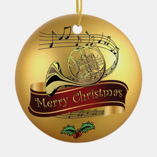French Horn~Musical Scroll~ Gold Merry Christmas ~ Ceramic Ornament (Front)