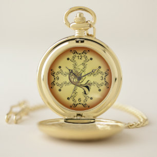French Horn~Musical Scroll~Golden Background~ Pocket Watch