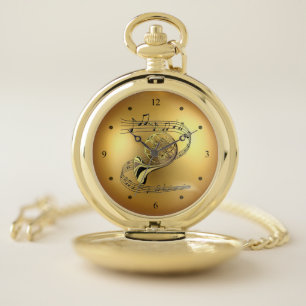 French Horn~Musical Scroll~Golden Globe Background Pocket Watch