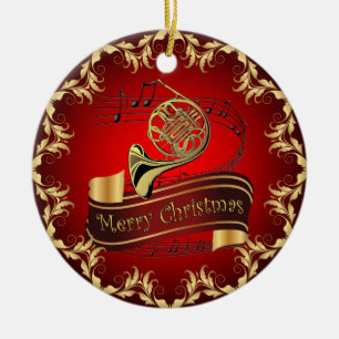French Horn ~ Musical Scroll ~ Merry Christmas ~ Ceramic Ornament