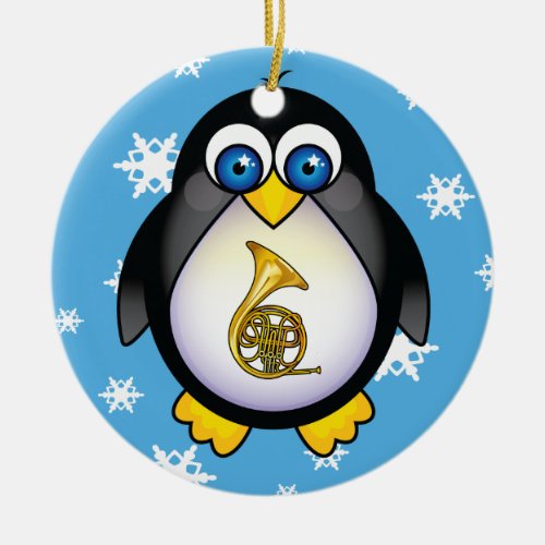 French Horn Penguin Blue Christmas Gift Ceramic Ornament