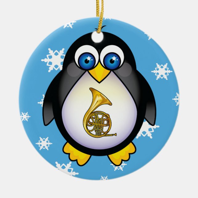 French Horn Penguin Blue Christmas Gift Ceramic Ornament (Front)