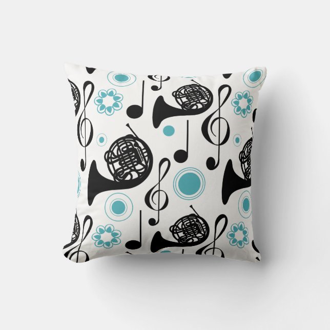 French Horn Player Gift Music Notes Band Orchestra Throw Pillow (Front)