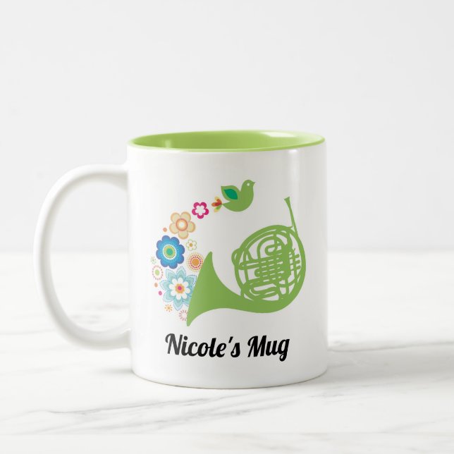 French Horn Player Music Gift Personalized Two-Tone Coffee Mug (Left)