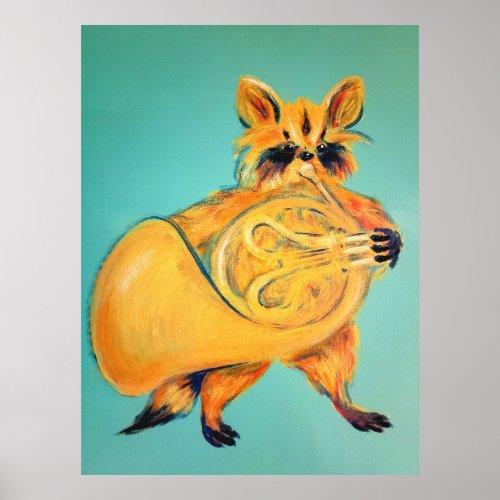 French Horn Raccoon Poster