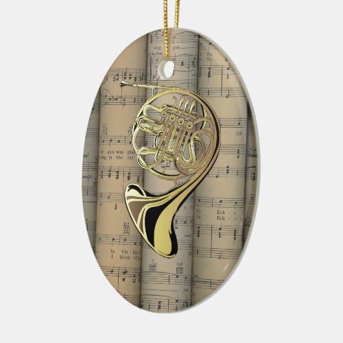 French Horn  Rolled Sheet Music Back  Musical Ceramic Ornament