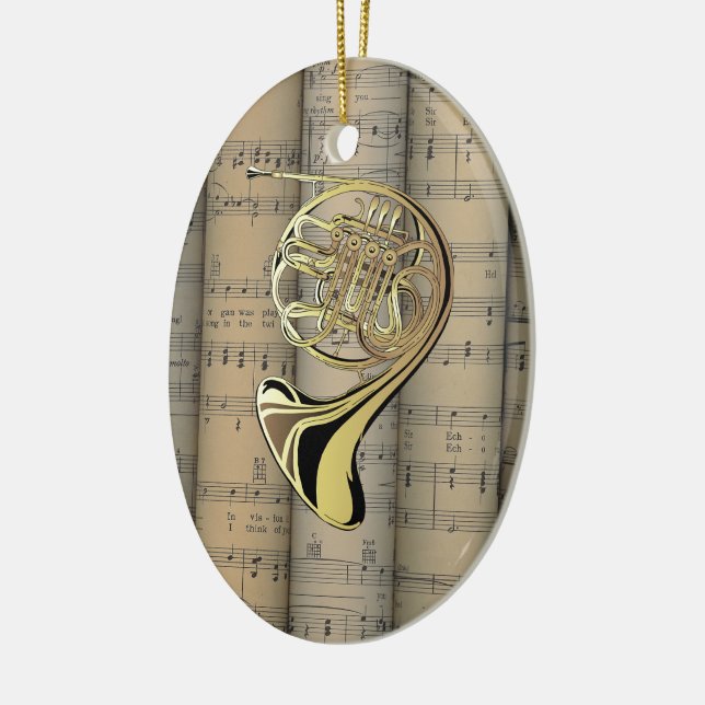 French Horn ~ Rolled Sheet Music Back ~ Musical Ceramic Ornament (Left)